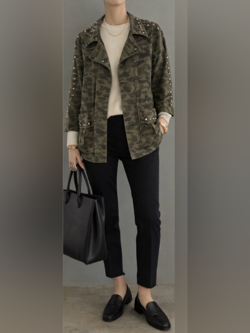 Rebecca Minkoff Studded Utility Field Jacket Camo Military Coat M Quiet Luxury